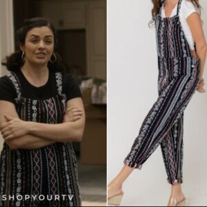 En Creme Black Aztec Stripe Embroidered Boho Riley Overalls Size Large